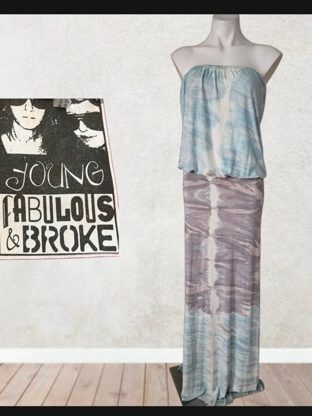 YOUNG Fabulous & Broke YFB Maxi Dress Sz MBlue/ Purple Tie Dye Strapless Boho